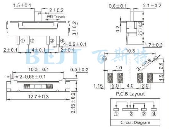 微型拨动开关MSK-12D19A参考图纸